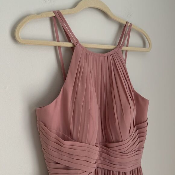 JJ's House Halter Pleated Bridesmaid Maxi Chiffon Gown Dusty Rose Open Back Sz.8 - Picture 4 of 11